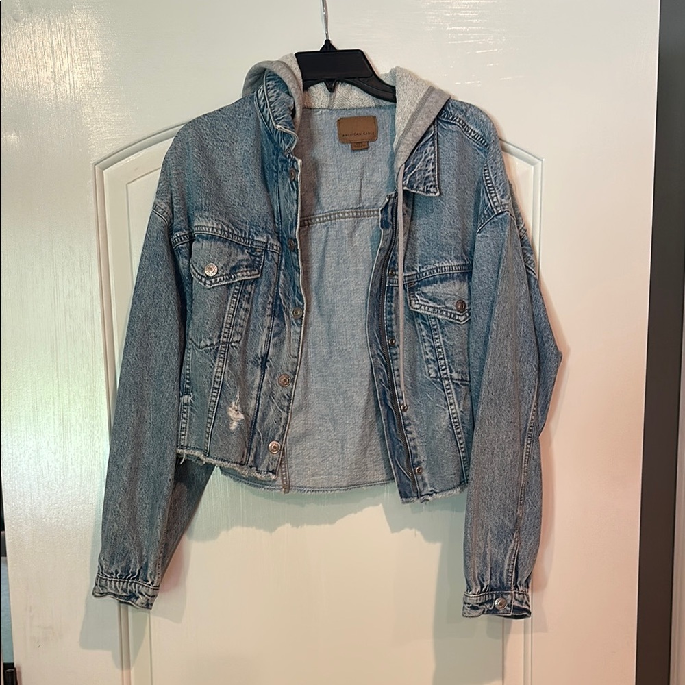 American Eagle Outfitters Denim Jacket with Gray Hood